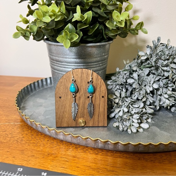 Turquoise & Sterling Feather Dangle Earrings | 925 Sterling Silver - Picture 3 of 9